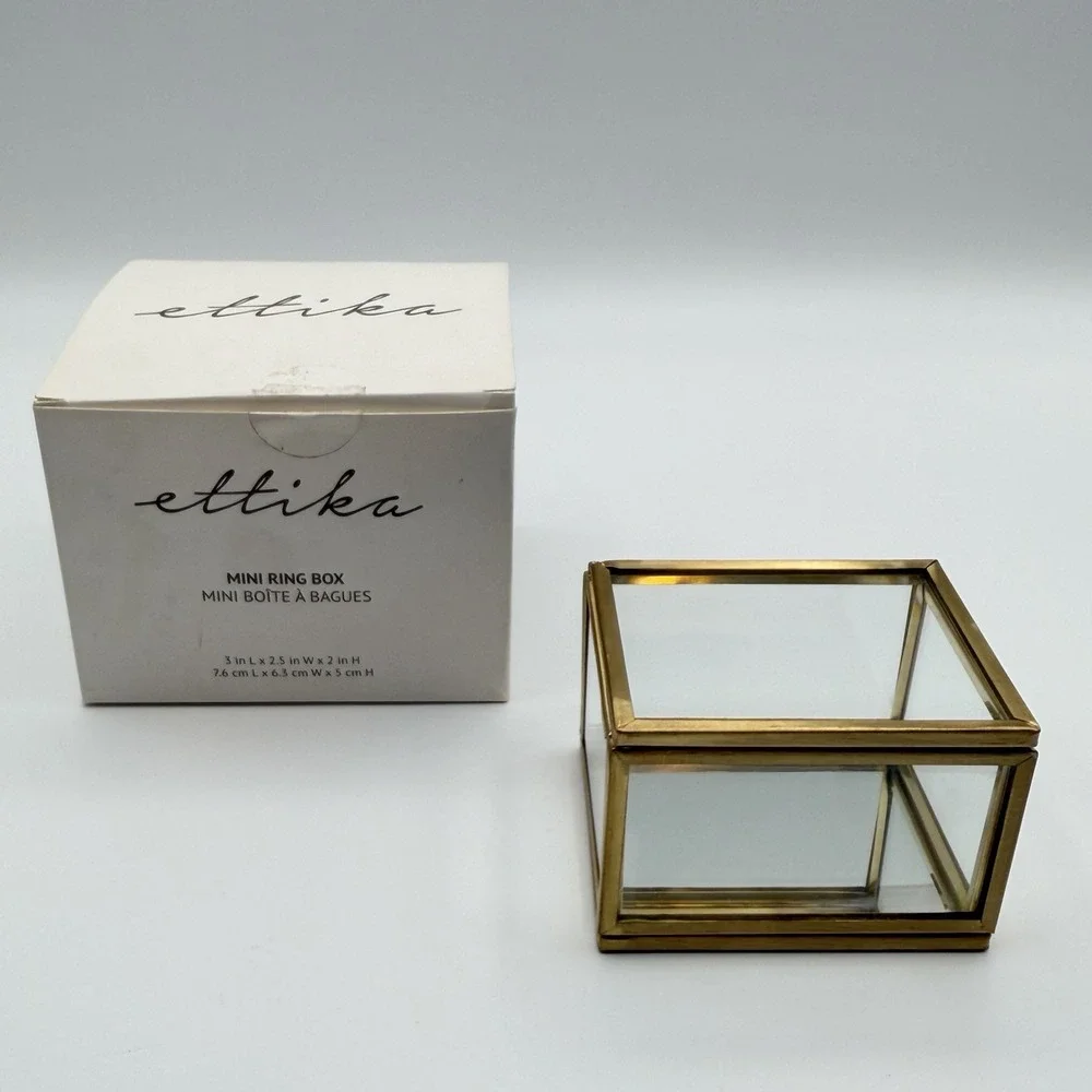Ettika Mini Ring Box Glass & Brass 3″ × 2.5″ × 2″ Display Trinket Box